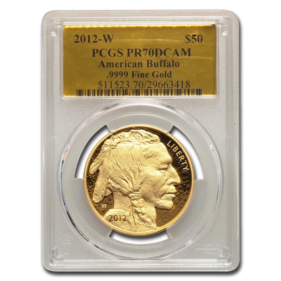 2012-W 1 oz Proof Gold Buffalo PR-70 PCGS (Gold Foil Label): 2012-W 1 oz Proof Gold Buffalo PR-70 PCGS (Gold Foil Label) Product ID: 247967 Year: 2012 Grade Service: PCGS Denomination: 50 Dollars Metal Content: 1 troy oz Purity: .9999 Thickness: 2.