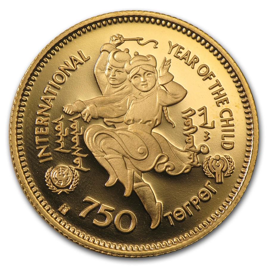 1980 Mongolia Gold 750 Tugrik Year of Child Proof: 1980 Mongolia Gold 750 Tugrik Year of Child Proof Product ID: 35702 Year: 1980 Grade: Proof Grade Service: None Denomination: 750 Tugrik Mint Mark: Not Shown Metal Content: 0.5437 troy oz