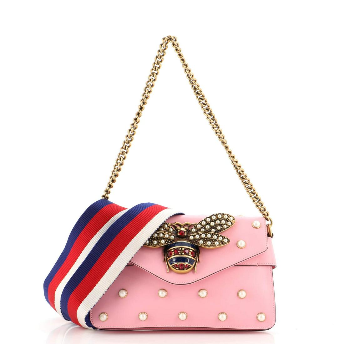 Gucci Broadway Pearly Bee Shoulder Bag Embellished Leather Mini: Gucci Broadway Pearly Bee Shoulder Bag Embellished Leather Mini Exterior Color: Pink Interior Color: Neutral Exterior Material: Leather Interior Material: Leather Hardware Color: Aged Gold Accesso