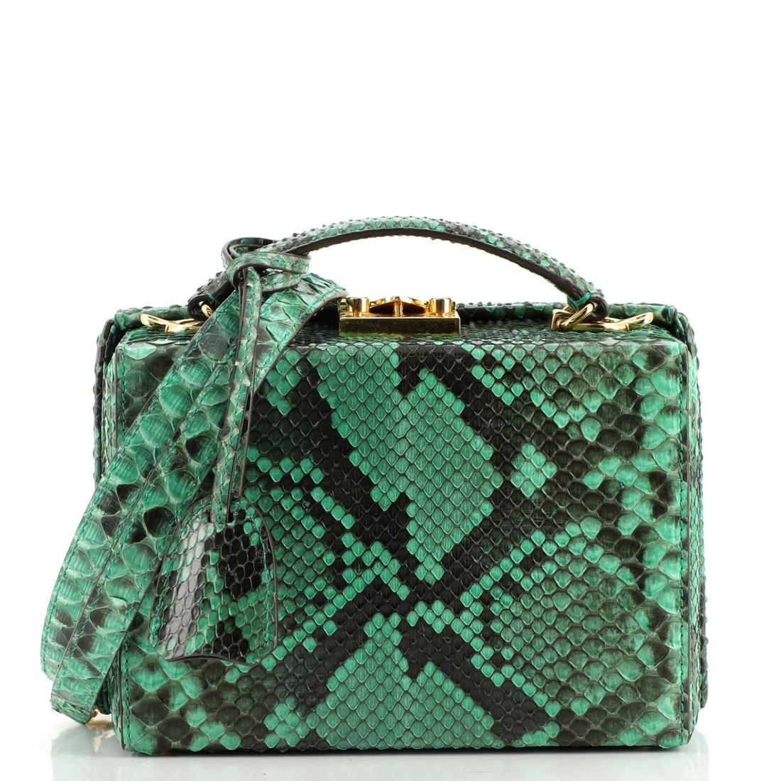 Mark Cross Grace Box Bag Python Small: Mark Cross Grace Box Bag Python Small Exterior Color: Green Interior Color: Red Exterior Material: Exotic, Python Interior Material: Leather Hardware Color: Gold Accessories: Clochette, Keys, Deta
