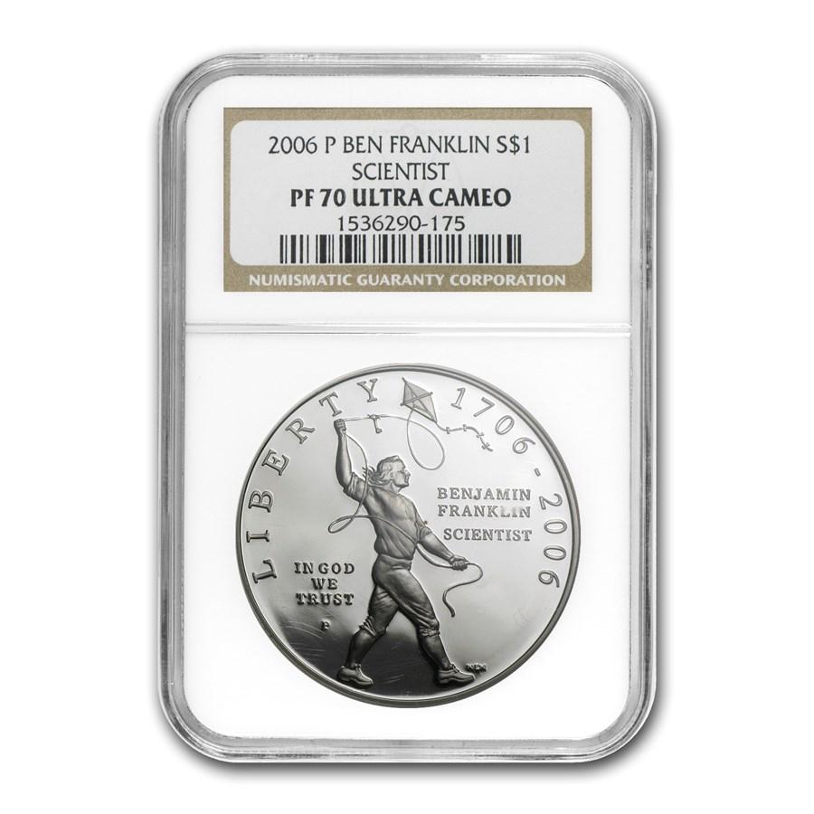 2006-P Ben Franklin Scientist $1 Silver Commem PF-70 NGC: 2006-P Ben Franklin Scientist $1 Silver Commem PF-70 NGC Product Id: 20109 Year: 2006 Grade Service: NGC Denomination: 1 Dollar Metal Content: 0.7734 troy oz Purity: .900 Thickness: 3.1 m