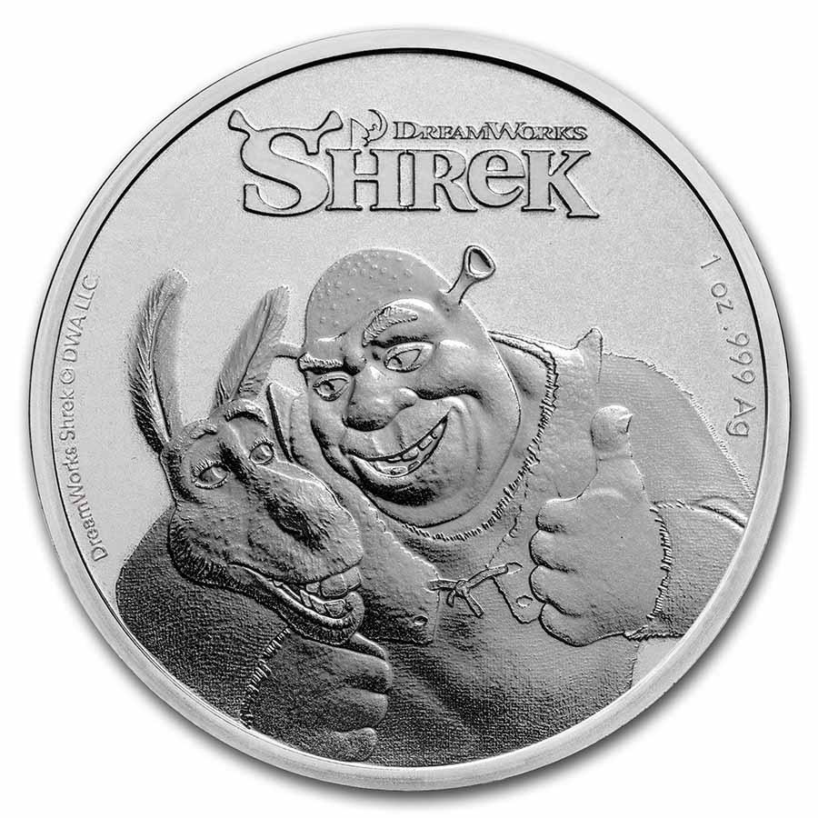 2021 Niue 1 oz Silver $2 Shrek 20th Anniversary BU Coin: 2021 Niue 1 oz Silver $2 Shrek 20th Anniversary BU Coin Product ID: 230389 Year: 2021 Grade: Brilliant Unc Grade Service: None Denomination: 2 Dollars Mint Mark: Not Shown Metal Content: