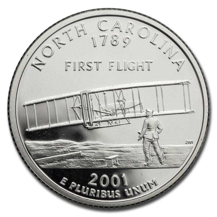 2001-S North Carolina State Quarter Gem Proof (Silver): 2001-S North Carolina State Quarter Gem Proof (Silver) Product ID: 52141 Year: 2001 Grade: Gem Proof Grade Service: None Denomination: 25 Cents Mint Mark: S - San Francisco Metal Content: