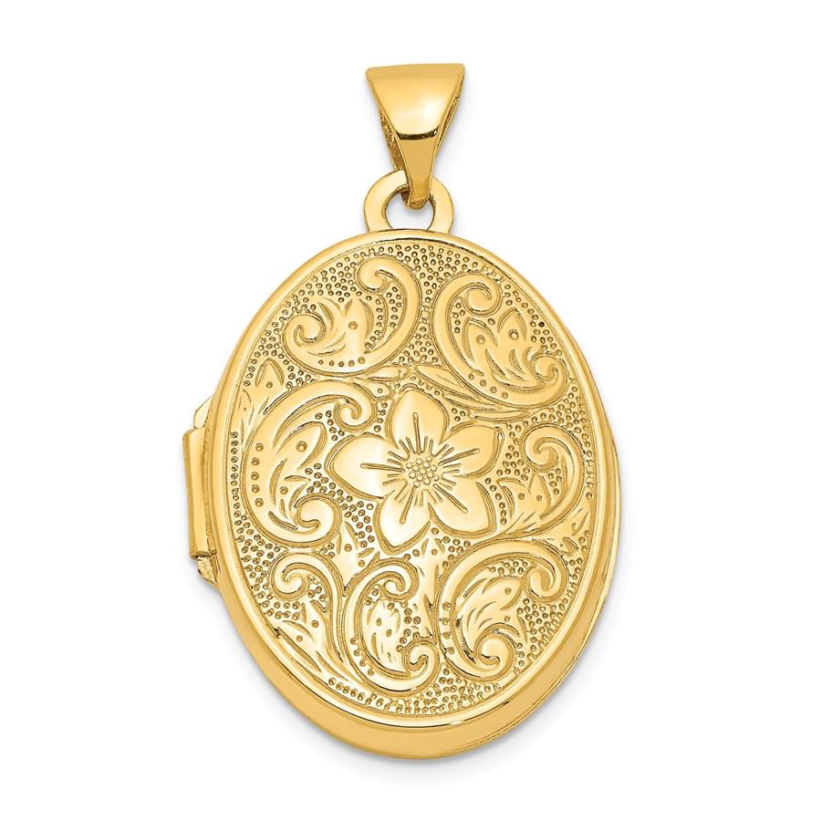 14k Yellow Gold Scrolled Floral Locket - 30 mm: 14k Yellow Gold Scrolled Floral Locket - 30 mm SKU: 202408 Metal: Gold Purity: 14K Metal Weight: 1.36 GM Length Of Item: 30 mm