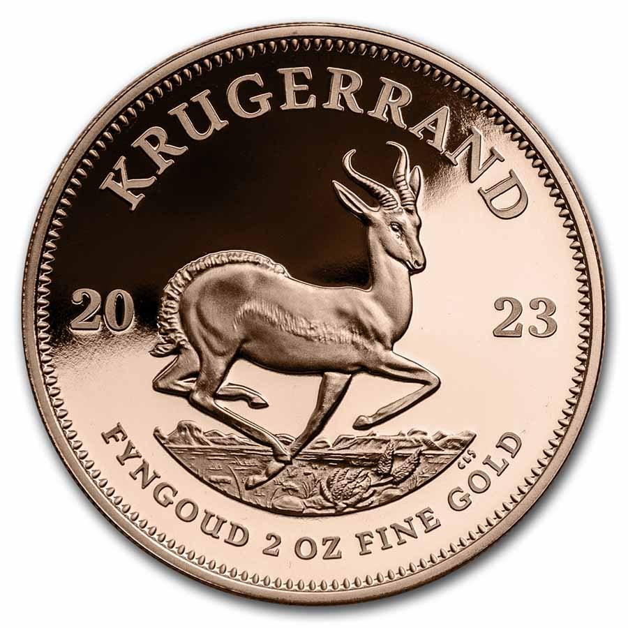 2023 South Africa 2 oz Proof Gold Krugerrand: 2023 South Africa 2 oz Proof Gold Krugerrand SKU: 263277 Year: 2023 Grade: Proof Grade Service: None Mint Mark: Not Shown Metal Content: 2 troy oz Purity: .9167 Diameter: 40 mm