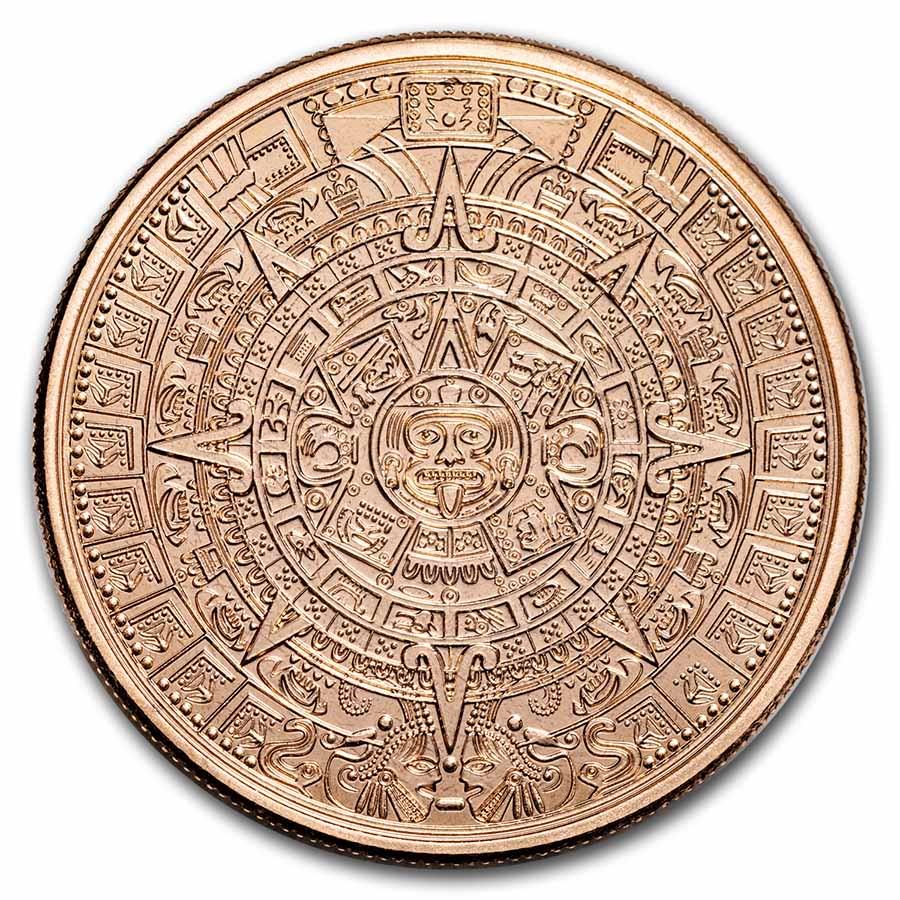 1 oz Copper Round - Aztec Calendar and Pyramid: 1 oz Copper Round - Aztec Calendar and Pyramid Product ID: 249457 Year: N/A Grade: None Grade Service: None Mint Mark: None Metal Content: 1 AVDP oz Purity: .999 Thickness: 3.3 m
