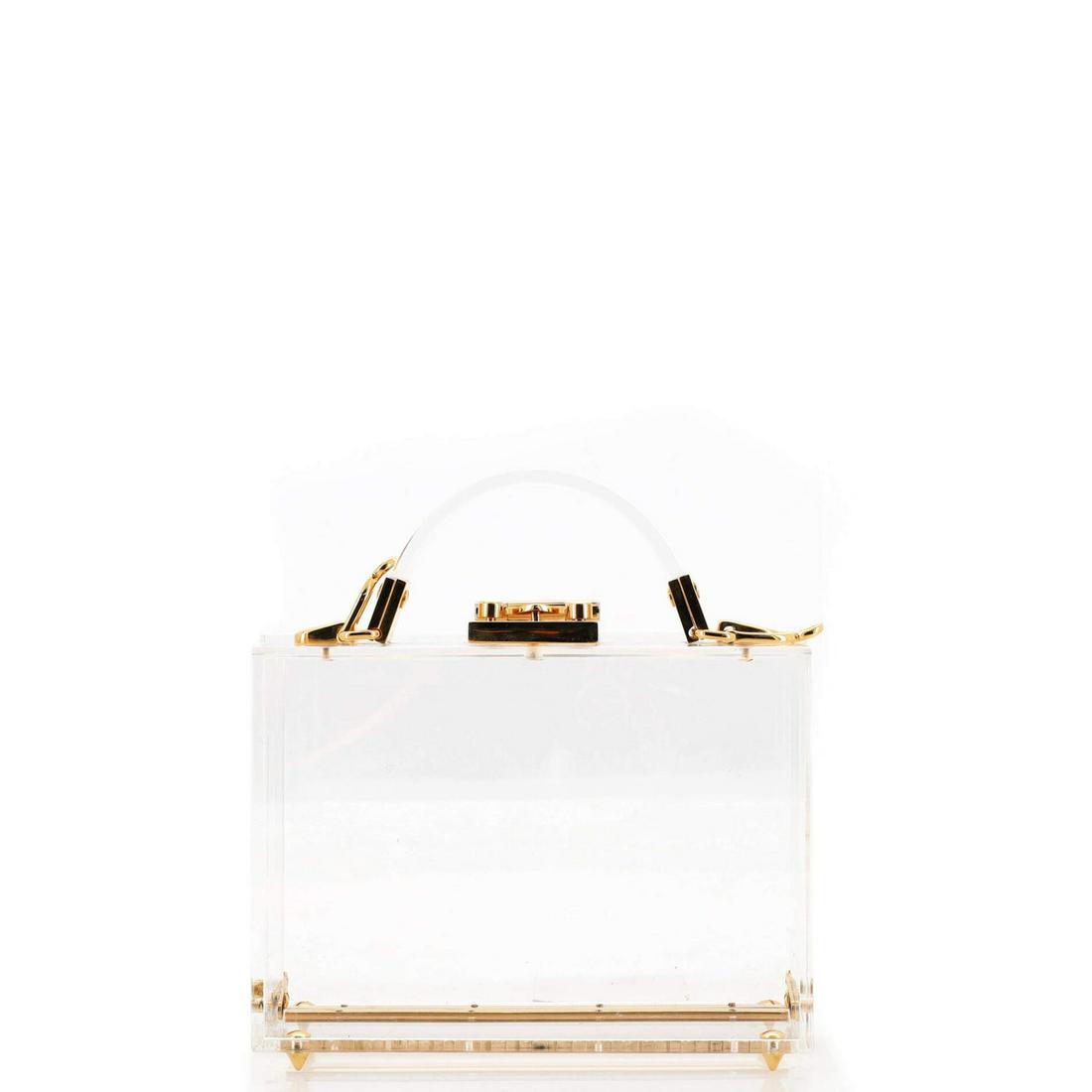 Mark Cross Grace Box Bag Pexiglass and Leather Small: Mark Cross Grace Box Bag Pexiglass and Leather Small Exterior Color: Clear Interior Color: Clear Exterior Material: Plexiglass Interior Material: Acrylic Hardware Color: Gold Accessories: Clochett