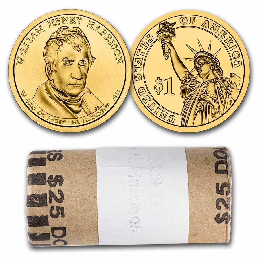 2009-D William Harrison 25-Coin Presidential Dollar Roll: 2009-D William Harrison 25-Coin Presidential Dollar Roll Product ID: 50110 Year: 2009 Grade: Brilliant Unc Grade Service: None Denomination: $1.00 Mint Mark: D - Denver Metal Content: 0 t
