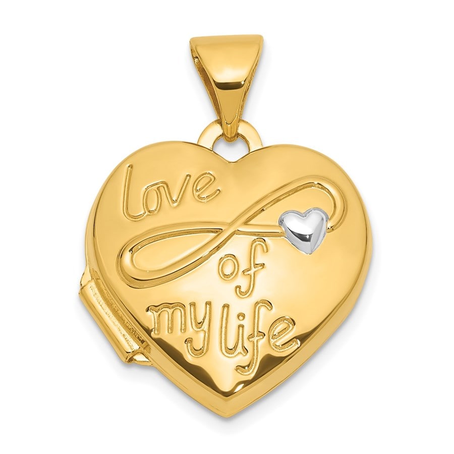 14K Yellow & Rhodium LOVE OF MY LIFE 15mm Heart Locket - 21 mm: 14K Yellow & Rhodium LOVE OF MY LIFE 15mm Heart Locket - 21 mm RBJ no: 267245 Metal: Gold Purity: 14K Finish: Polished Length Of Item: 21 mm Charm Element Length: 15 mm Charm Element Widt