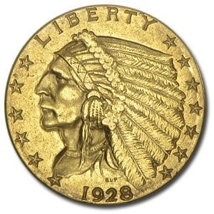 1928 $2.50 Indian Gold Quarter Eagle XF: 1928 $2.50 Indian Gold Quarter Eagle XF , Product ID: 54385 Year: 1928 Grade: Extra Fine Grade Service: None Denomination: 2 1/2 Dollars Mint Mark: P - Philadelphia (Not Shown) Metal Conte
