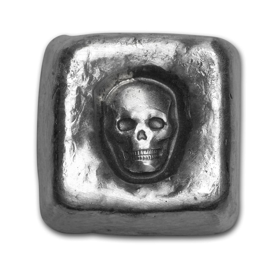 1 oz Hand Poured Silver Cube - Sunken Skull (1 of 3)