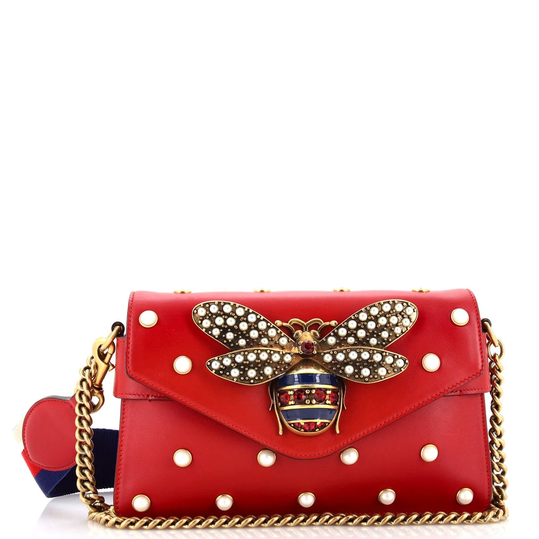 Gucci Broadway Pearly Bee Shoulder Bag Embellished Leather Mini: Gucci Broadway Pearly Bee Shoulder Bag Embellished Leather Mini , Exterior Color: Red Interior Color: Neutral Exterior Material: Leather Interior Material: Leather Hardware Color: Aged Gold Accesso