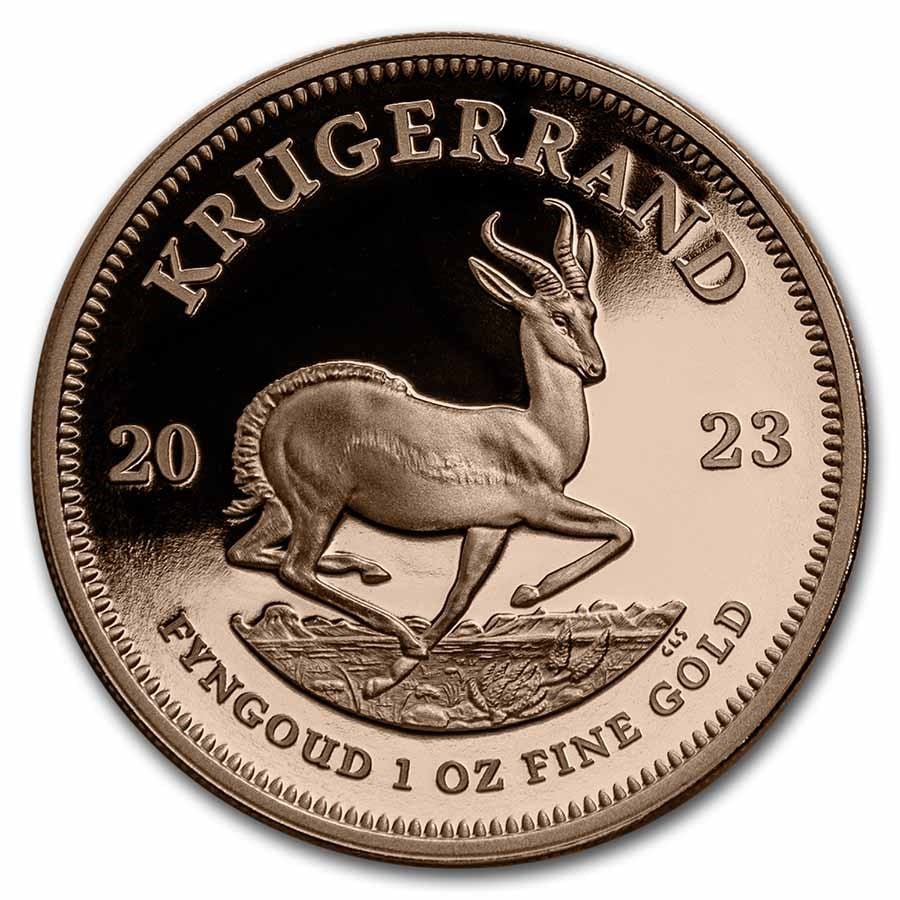 2023 South Africa 1 oz Proof Gold Krugerrand: 2023 South Africa 1 oz Proof Gold Krugerrand Product ID: 263280 Year: 2023 Grade: Proof Grade Service: None Mint Mark: Not Shown Metal Content: 1 troy oz Purity: .9167 Thickness: