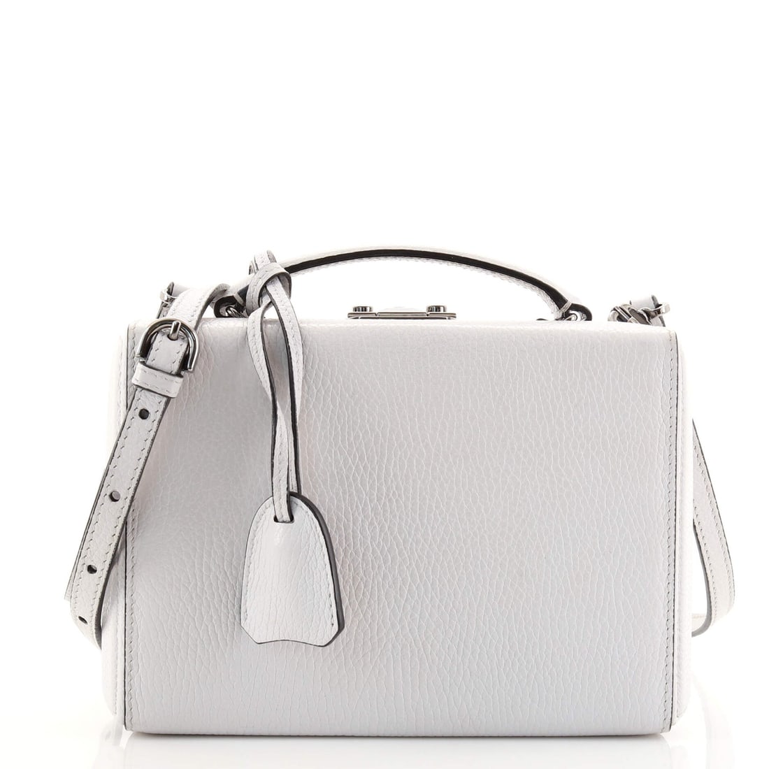 Mark Cross Grace Box Bag Leather Small: Mark Cross Grace Box Bag Leather Small Exterior Color: Gray Interior Color: Red Exterior Material: Leather Interior Material: Leather Hardware Color: Gun Metal Accessories: Clochette, Keys, Detach