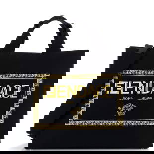 Fendi x Versace Fendace Convertible Shopping Tote (Outlet) Embroidered Canvas Large: Fendi x Versace Fendace Convertible Shopping Tote (Outlet) Embroidered Canvas Large Exterior Color: Black Interior Color: Black Exterior Material: Canvas Plain Interior Material: Canvas Plain Hardware