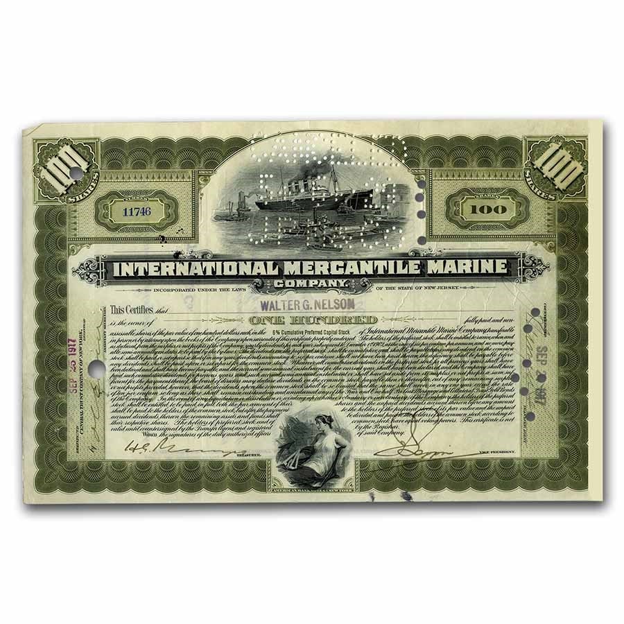 Int. Mercantile Marine Co. "Titanic" Older Stock Cert (Green) (1 of 2)