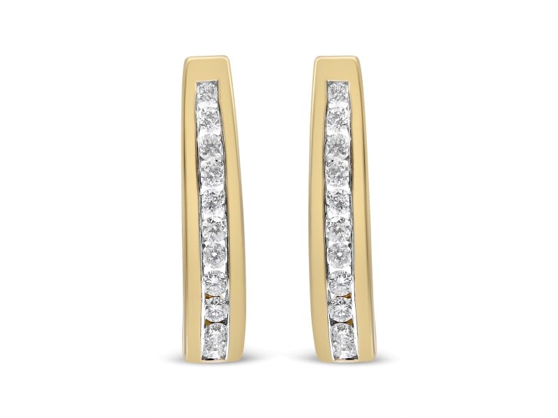 10K Yellow Gold 1/2 Cttw Channel Set Lab Grown Round Diamond J-Hoop Earrings (G-H Color, I1-I2: 10K Yellow Gold 1/2 Cttw Channel Set Lab Grown Round Diamond J-Hoop Earrings (G-H Color, I1-I2 Clarity) Product Code: 019562ES54 Condition: Never-Worn Metal: Yellow Gold Stone: Diamond Fashioned from