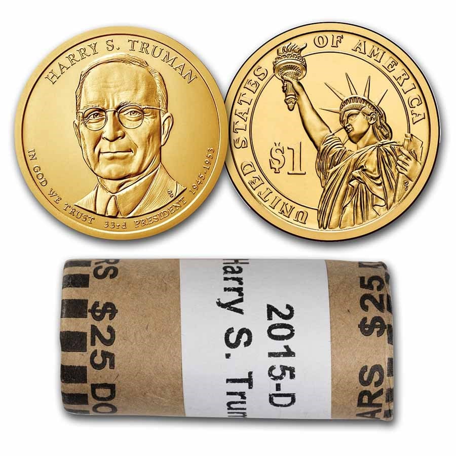 2015-D Harry Truman 25-Coin Presidential Dollar Roll: 2015-D Harry Truman 25-Coin Presidential Dollar Roll Product ID: 228714 Year: 2015 Grade: Brilliant Unc Grade Service: None Denomination: $1.00 Mint Mark: D - Denver Metal Content: 0 troy
