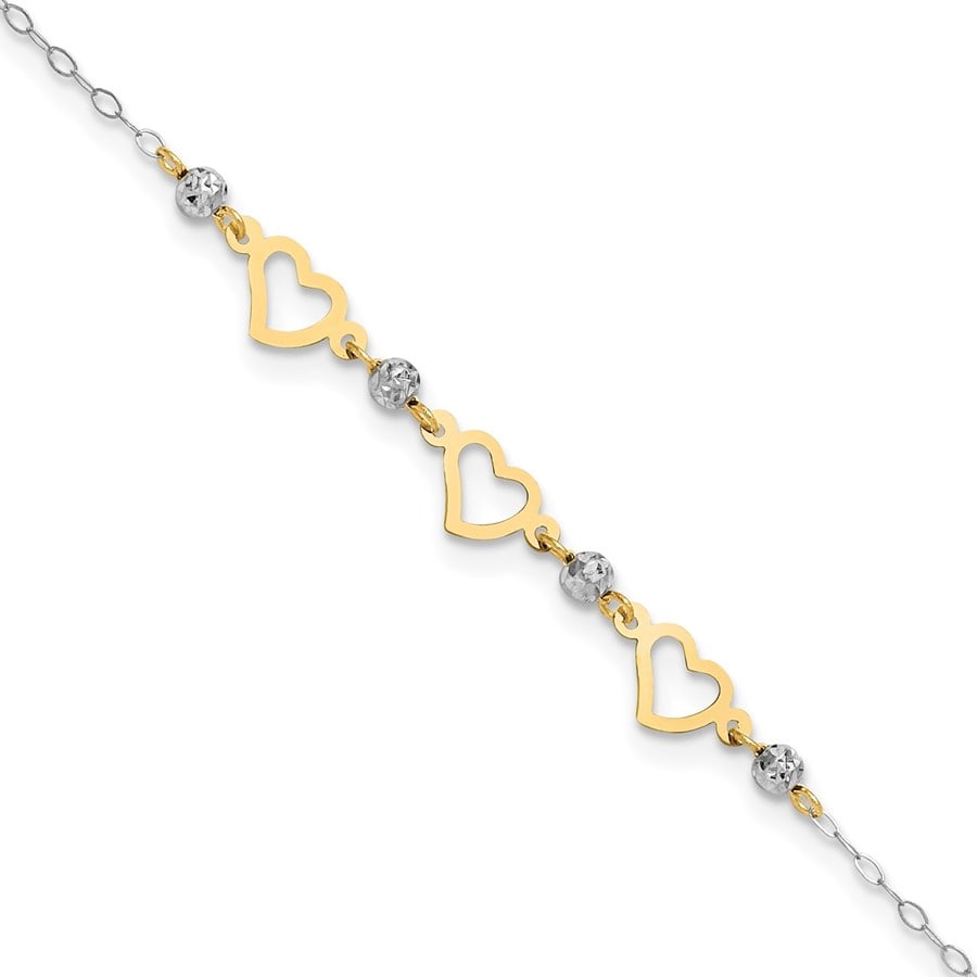 14K Two-tone Oval Link Diamond-cut Beads Heart Anklet - 10 in. (1 of 2)