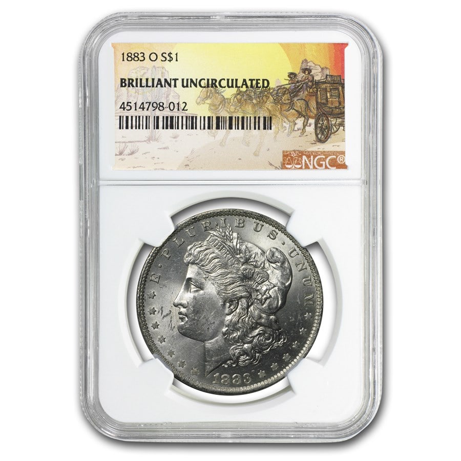 1883-O Stage Coach Morgan Dollar BU NGC: 1883-O Stage Coach Morgan Dollar BU NGC Product ID: 115640 Year: 1883 Grade Service: NGC Denomination: $1.00 Dollar Metal Content: 0.7734 troy oz Purity: .900 Thickness: 3.1 mm D