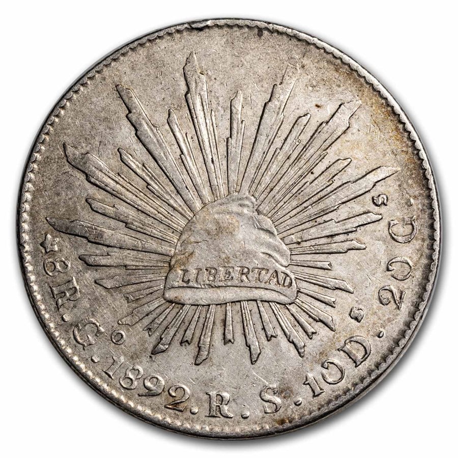 1892-Go RS Mexico Silver 8 Reales Cap & Rays AU: 1892-Go RS Mexico Silver 8 Reales Cap & Rays AU Product ID: 283074 Year: 1892 Grade: Almost Unc Grade Service: None Denomination: 8 Reales Mint Mark: Go - Guanajuato Metal Content: 0.7859