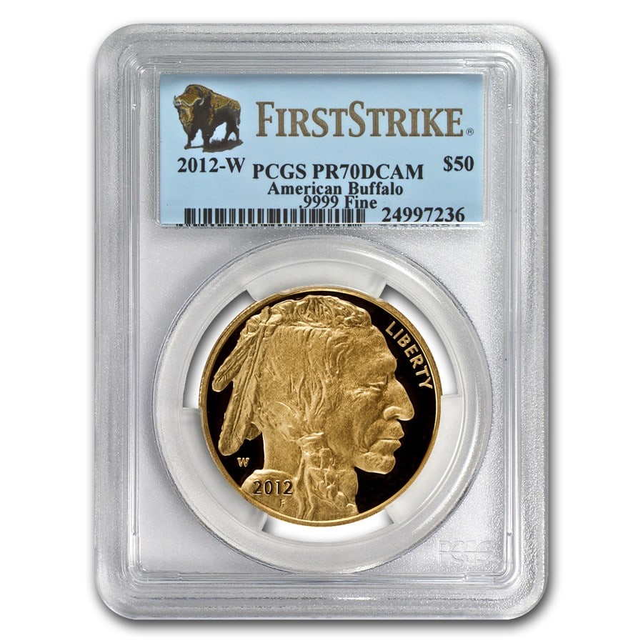 2012-W 1 oz Proof Gold Buffalo PR-70 PCGS (FirstStrike): 2012-W 1 oz Proof Gold Buffalo PR-70 PCGS (FirstStrike) Product ID: 66181 Year: 2012 Grade Service: PCGS Denomination: 50 Dollars Metal Content: 1 troy oz Purity: .9999 Thickness: 2.95 mm
