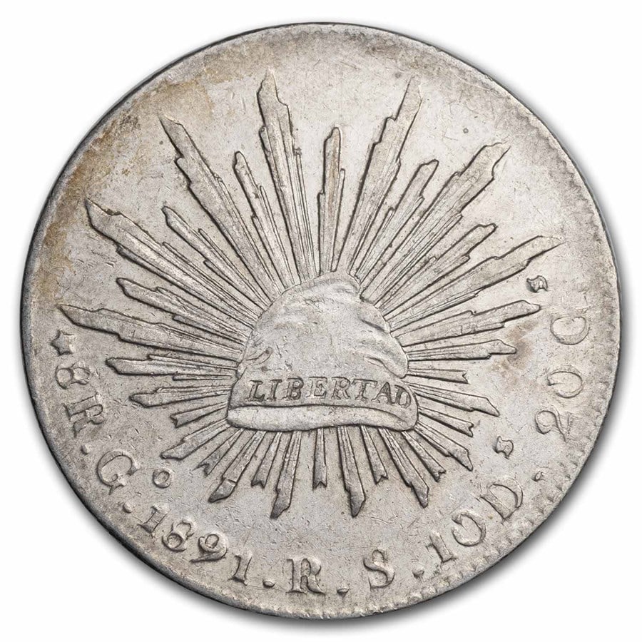 1891-Go RS Mexico Silver 8 Reales Cap & Rays AU: 1891-Go RS Mexico Silver 8 Reales Cap & Rays AU Product ID: 44367 Year: 1891 Grade: Almost Unc Grade Service: None Denomination: 8 Reales Mint Mark: Go - Guanajuato Metal Content: 0.7859