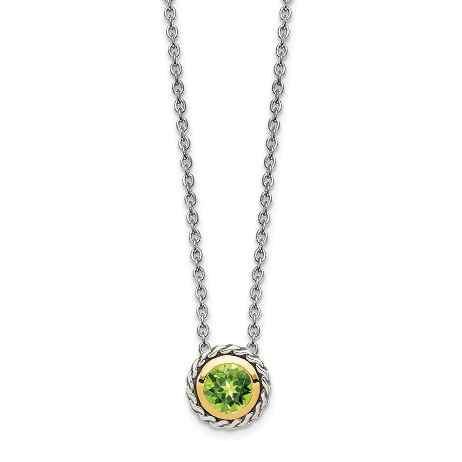Sterling Silver w/ 14K Accent Peridot Slide - 18 in.: Sterling Silver w/ 14K Accent Peridot Slide - 18 in. Product Id: 203653 Metal: Gold Purity: 14K Metal Weight: 0.86 GM Finish: Polished & Antiqued Length Of Item: 18 in Chain Length: 18 in