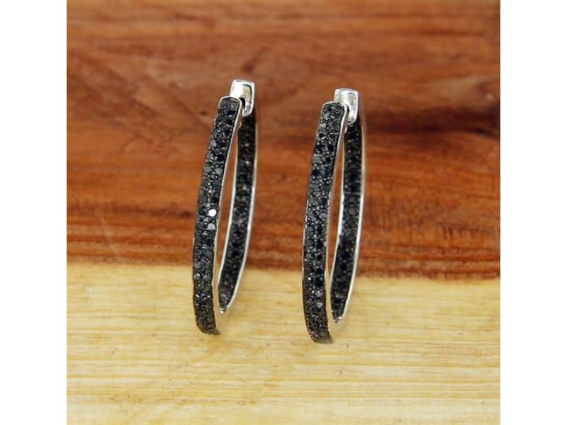 925 sterling Silver All Around Inside Black 0.75 CT Diamond Hoop Earring (1 of 2)
