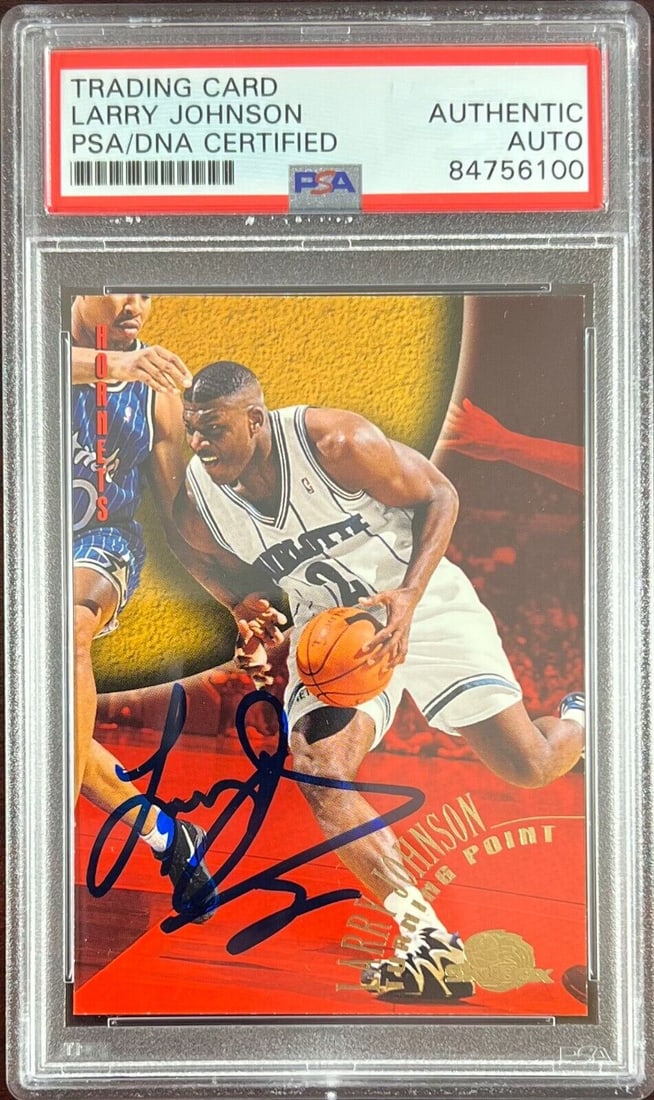 Larry Johnson auto 1995 SkyBox #134 card Charlotte Hornets PSA Encapsulated: Larry Johnson auto 1995 SkyBox #134 card Charlotte Hornets PSA Encapsulated Larry Johnson auto 1995 SkyBox #134 card Charlotte Hornets PSA Encapsulated RBJ no: 7368950022232