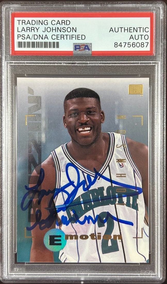 Larry Johnson auto inscribed 1995 SkyBox #9 card Charlotte Hornets PSA Encap: Larry Johnson auto inscribed 1995 SkyBox #9 card Charlotte Hornets PSA Encap Larry Johnson auto inscribed 1995 SkyBox #9 card Charlotte Hornets PSA Encap RBJ no: 7369521201240