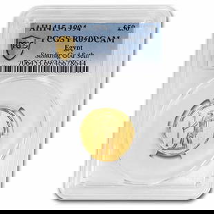 AH1415/1994 Egypt Proof Gold 50 Pound Seth PR-69 DCAM PCGS: AH1415/1994 Egypt Proof Gold 50 Pound Seth PR-69 DCAM PCGS Product ID: 284814 Year: 1994 Grade Service: PCGS Denomination: 50 Pounds Metal Content: 0.246 troy oz Purity: .900 Thickness: 1