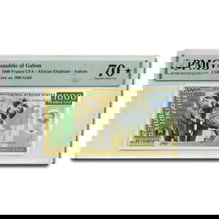 2022 Gabon 1/1000 oz Gold African Elephant Foil Note MS-70 PMG: 2022 Gabon 1/1000 oz Gold African Elephant Foil Note MS-70 PMG Product ID: 273792 Year: 2022 Grade Service: PMG Denomination: 1,000 Shillings Metal Content: 0.001 troy oz Purity: .999 Thi