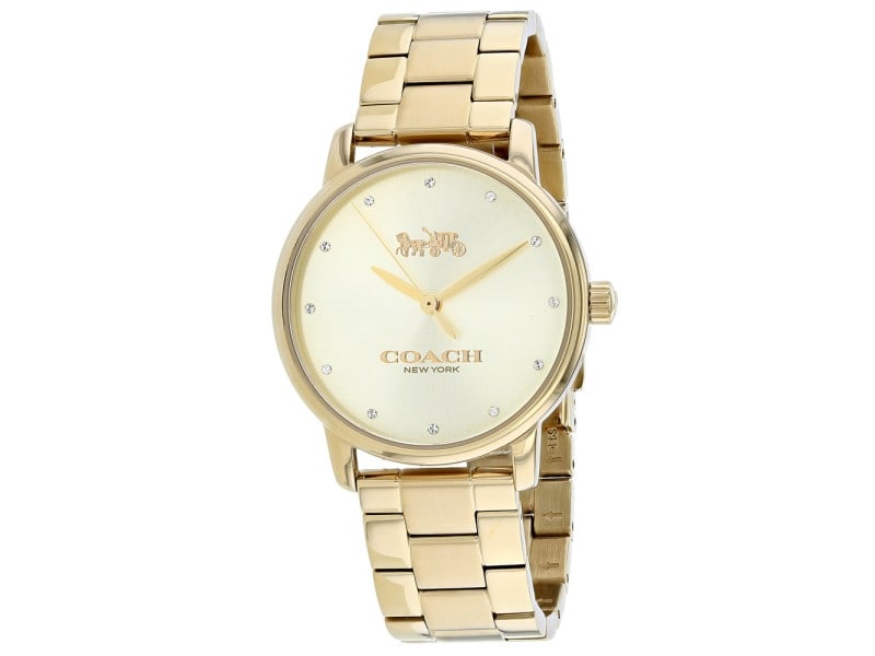 Coach womens Grand: Coach womens Grand Product Code: 14502927-39B2A Brand: Coach Condition: Never Worn Stainless steel case, Stainless steel bracelet, Gold dial, Quartz movement, Scratch resistant mineral, Water resistan