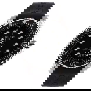 Gucci Dive 200M Quartz Watch Stainless Steel and Rubber 45: Gucci Dive 200M Quartz Watch Stainless Steel and Rubber 45 Dial Color: Black Band Color: Black Band Material: Rubber/Silicone Case Material: Stainless Steel Movement: Quartz Complications: Date, D