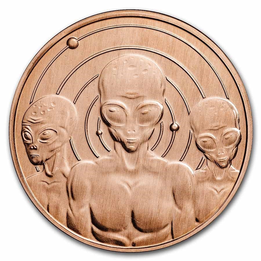 1 oz Copper Round - Aliens "I Believe" UFO: 1 oz Copper Round - Aliens "I Believe" UFO RBJ no: 262009 Grade: None Grade Service: None Mint Mark: None Metal Content: 1 AVDP oz Purity: .999 Thickness: 3.3 mm Diameter: 39 mm