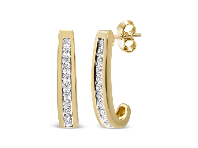 10K Yellow Gold 1/2 Cttw Channel Set Lab Grown Round Diamond J-Hoop Earrings (G-H Color, I1-I2: 10K Yellow Gold 1/2 Cttw Channel Set Lab Grown Round Diamond J-Hoop Earrings (G-H Color, I1-I2 Clarity) Fashioned from 10k yellow gold, these slim J-hoop earrings feature lab grown round diamonds weig