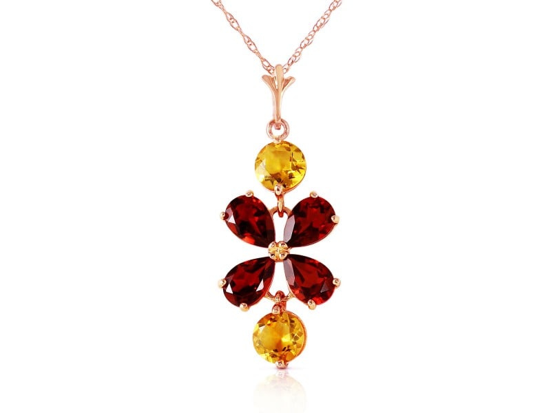 3.15 CTW 14K Solid Rose Gold Necklace Garnet Citrine: 3.15 CTW 14K Solid Rose Gold Necklace Garnet Citrine Floral shapes are the perfect feminine piece to add to any outfit. With this 14k solid gold necklace with garnet and citrine, flowers are combines