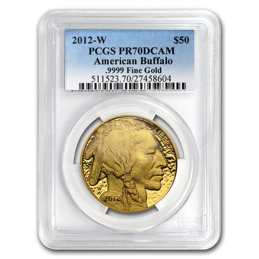 2012-W 1 oz Proof Gold Buffalo PR-70 PCGS: 2012-W 1 oz Proof Gold Buffalo PR-70 PCGS RBJ no: 76605 Year: 2012 Grade Service: PCGS Denomination: $50 Metal Content: 1 troy oz Purity: .9999 Thickness: 2.95 mm Diameter: 32.7