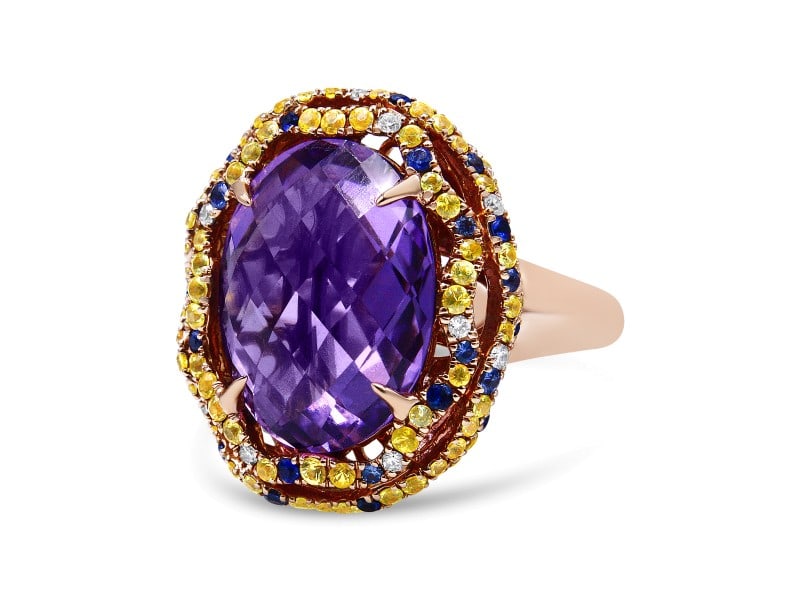 18K Yellow And Rose Gold Claw Prong Set Checkerboard Cut Purple Amethyst, Blue & Yellow Sapphire, (1 of 3)