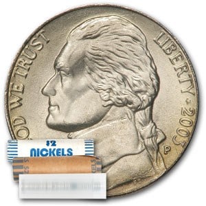 2003-P Jefferson Nickel 40-Coin Roll BU: 2003-P Jefferson Nickel 40-Coin Roll BU Product ID: 26064 Year: 2003 Grade: Brilliant Unc Grade Service: None Denomination: 5 Cents Mint Mark: P - Philadelphia Metal Content: 0 troy oz