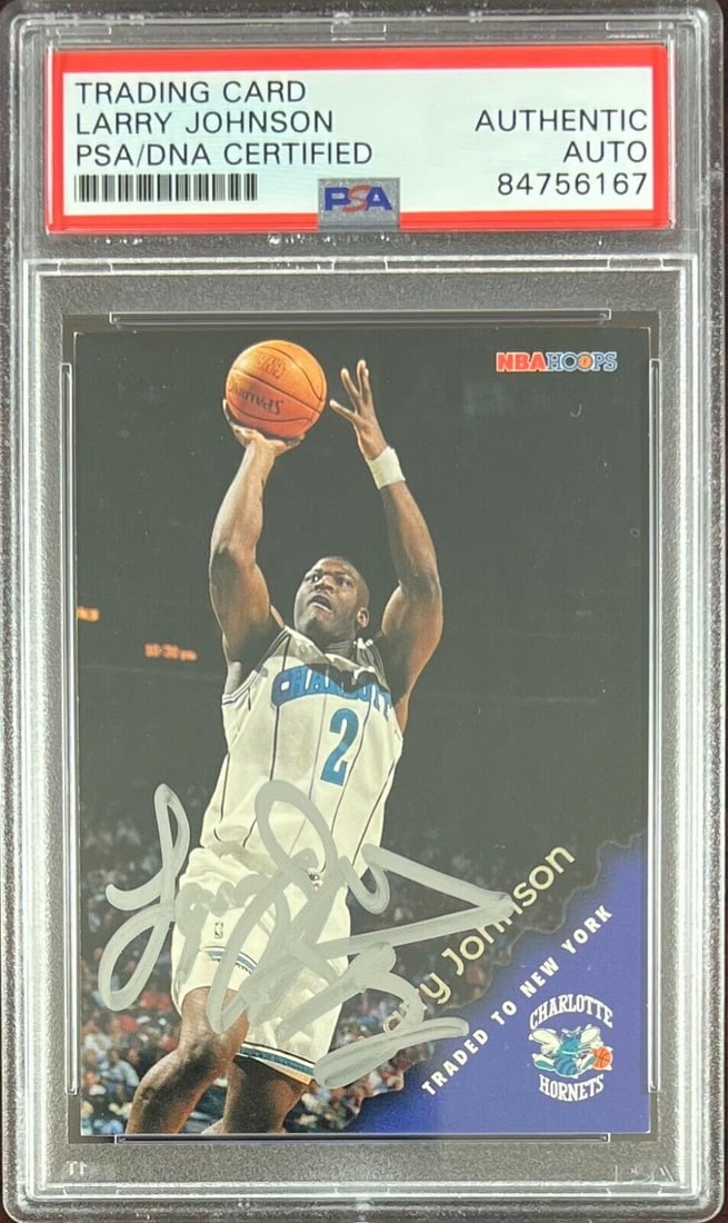 Larry Johnson auto 1996 NBA Hoops #17 card Charlotte Hornets PSA Encapsulated: Larry Johnson auto 1996 NBA Hoops #17 card Charlotte Hornets PSA Encapsulated Larry Johnson auto 1996 NBA Hoops #17 card Charlotte Hornets PSA Encapsulated SKU: RBJ7368949858392