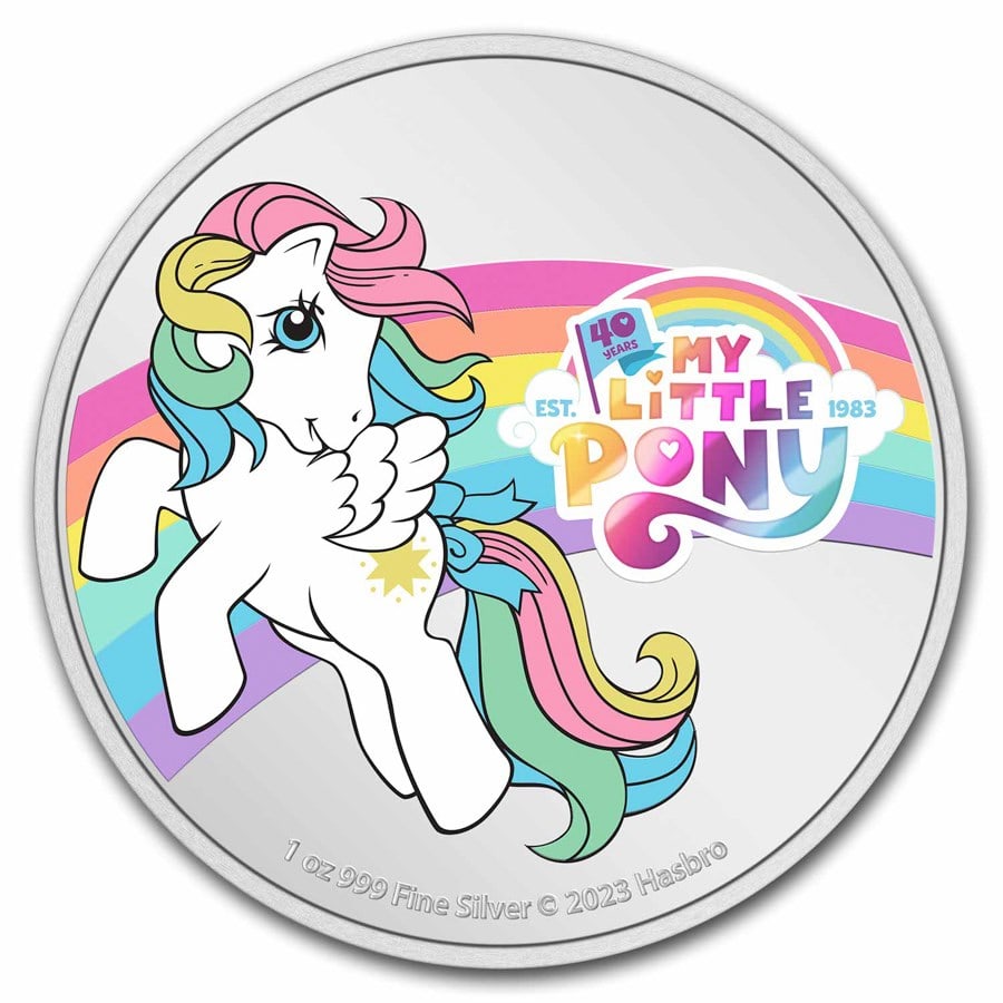 2023 Niue 1 oz Silver $2 Hasbro: My Little Pony 40th Anniversary: 2023 Niue 1 oz Silver $2 Hasbro: My Little Pony 40th Anniversary Product ID: 278561 Year: 2023 Grade: Proof Grade Service: None Denomination: 2 Dollars Mint Mark: Not Shown Metal Content: