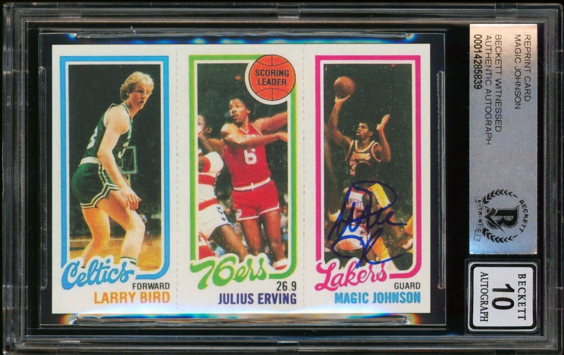 Lakers Magic Johnson Signed 1980 Topps Rookie Reprint #139 Card Auto 10 BAS Slab (1 of 2)