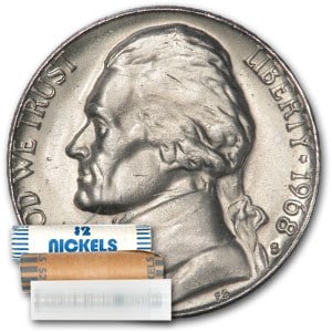 1968-S Jefferson Nickel 40-Coin Roll BU: 1968-S Jefferson Nickel 40-Coin Roll BU Product ID: 9361 Year: 1968 Grade: Brilliant Unc Grade Service: None Denomination: 5 Cents Mint Mark: S - San Francisco Metal Content: 0 troy oz