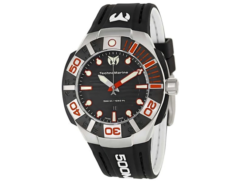 Technomarine mens Reef: Technomarine mens Reef Product Code: 513002-39B2A Brand: Technomarine Condition: Pre-Owned Stainless steel case, Rubber strap, Black dial, Quartz movement, Scratch resistant sapphire, Water resistant