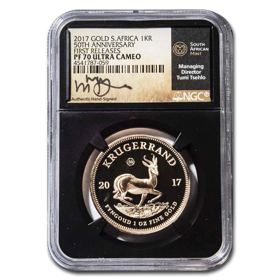 2017 South Africa 1 oz Proof Gold Krugerrand PF-70 NGC (FR): 2017 South Africa 1 oz Proof Gold Krugerrand PF-70 NGC (FR) Product ID: 212748 Year: 2017 Grade: Proof - 70 UCAM Grade Service: NGC Mint Mark: Not Shown Metal Content: 1 troy oz Purity: .