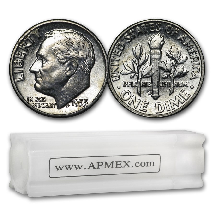 1955 Roosevelt Dime 50-Coin Roll BU (1 of 3)