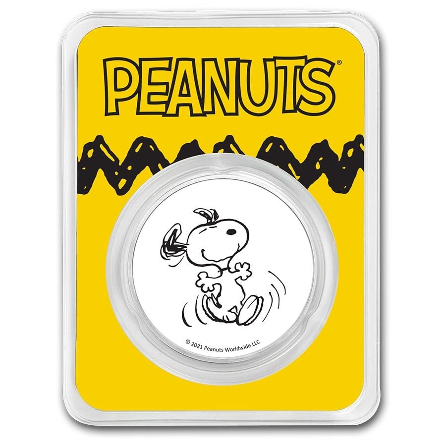 Peanuts Snoopy 1 oz Colorized Silver Round: Peanuts Snoopy 1 oz Colorized Silver Round Product ID: 232303 Grade: None Grade Service: None Mint Mark: N/A - Not Available Metal Content: 1 troy oz Purity: .999 Thickness: 2.98 mm <
