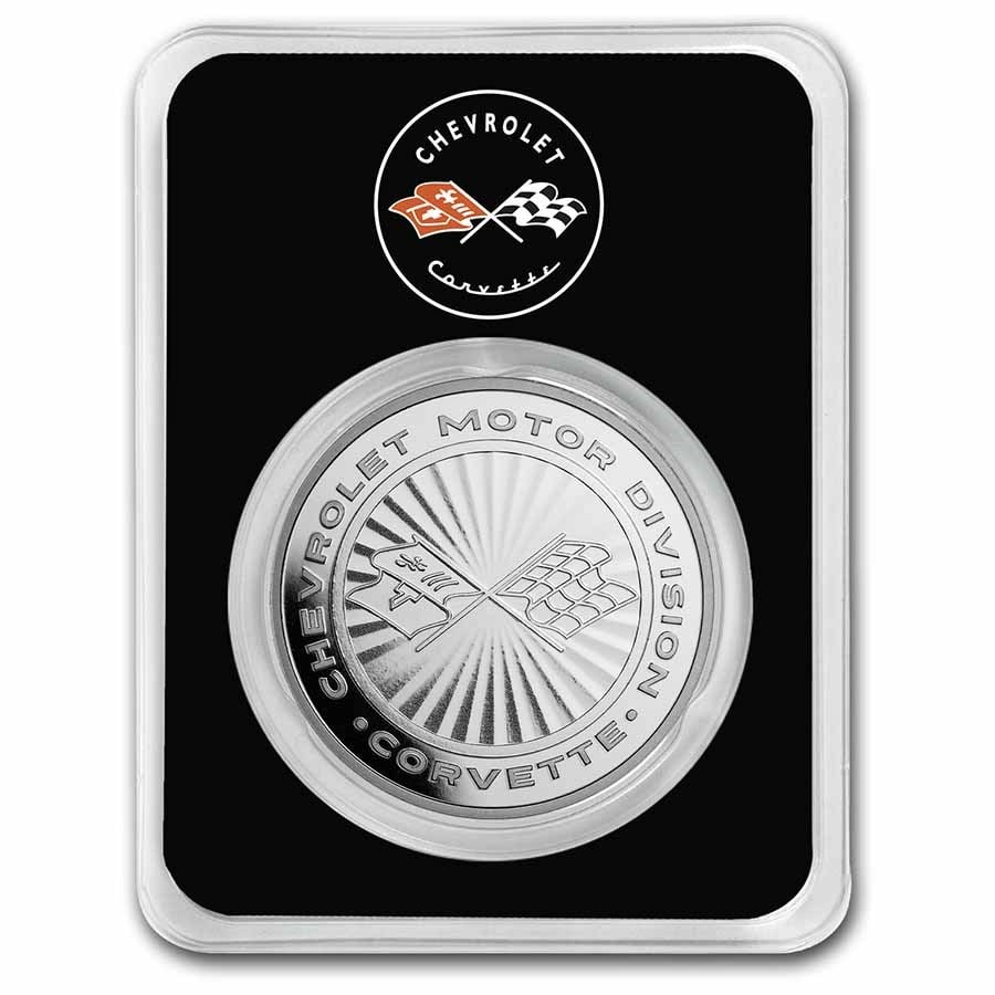 Corvette 1 oz Silver Radial Emblem Flags w/ TEP: Corvette 1 oz Silver Radial Emblem Flags w/ TEP Product ID: 257931 Grade: None Grade Service: Other Mint Mark: N/A - Not Available Metal Content: 1 troy oz Purity: .999 Diameter: 39 mm